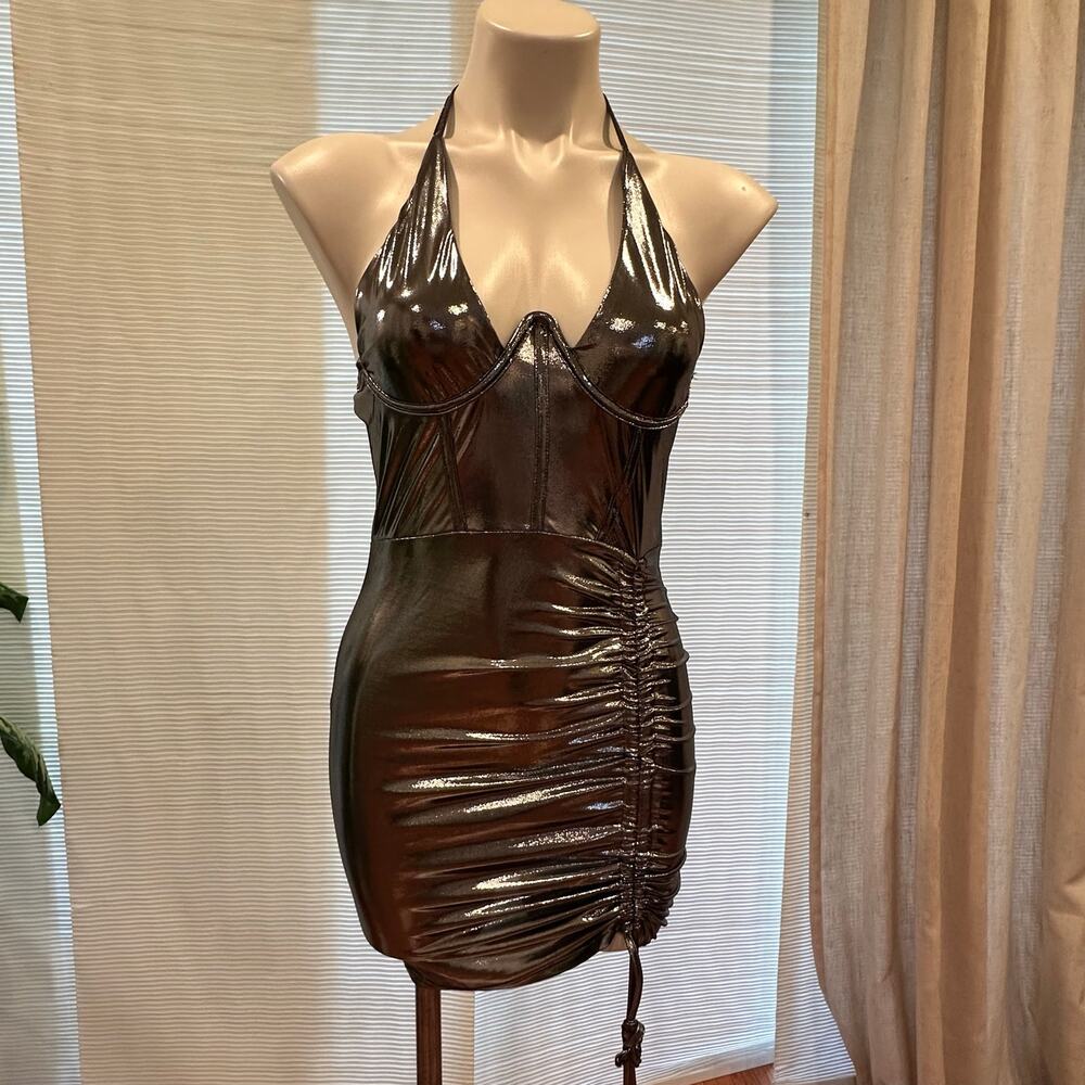 Metallic Silver Halter Mini Dress Size M Ruched Bodycon Y2K Clubwear